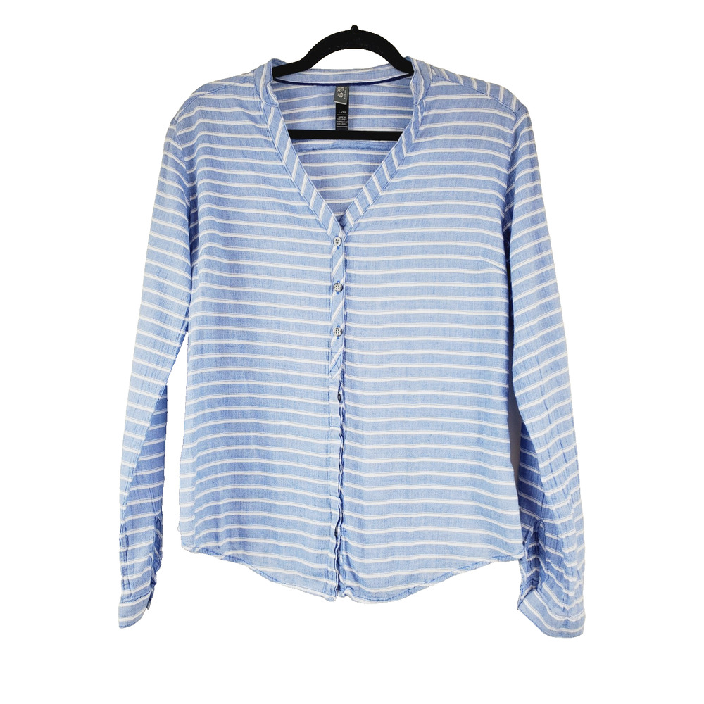 Mountain Hardwear Womens Large Top Outdoor Camping Blue Striped Popover Cotton